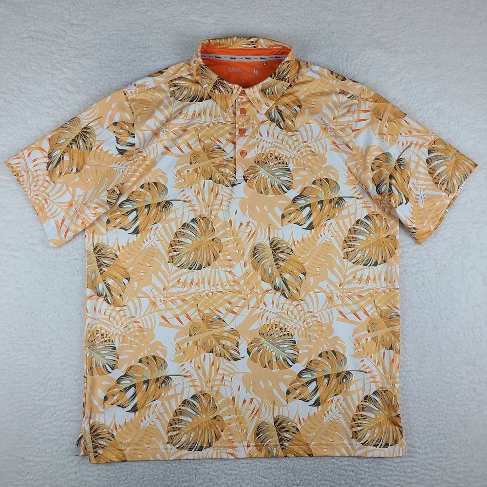 Walter Hagen Polo Shirt Mens XL White Orange Floral Fall Hawaiian Majors 11 Golf